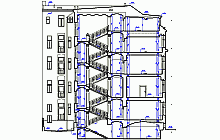 Gebäudevermessung der Mietshäuser – Längschnitt - Bauzeichnung – CAD - Maßstab 1:50